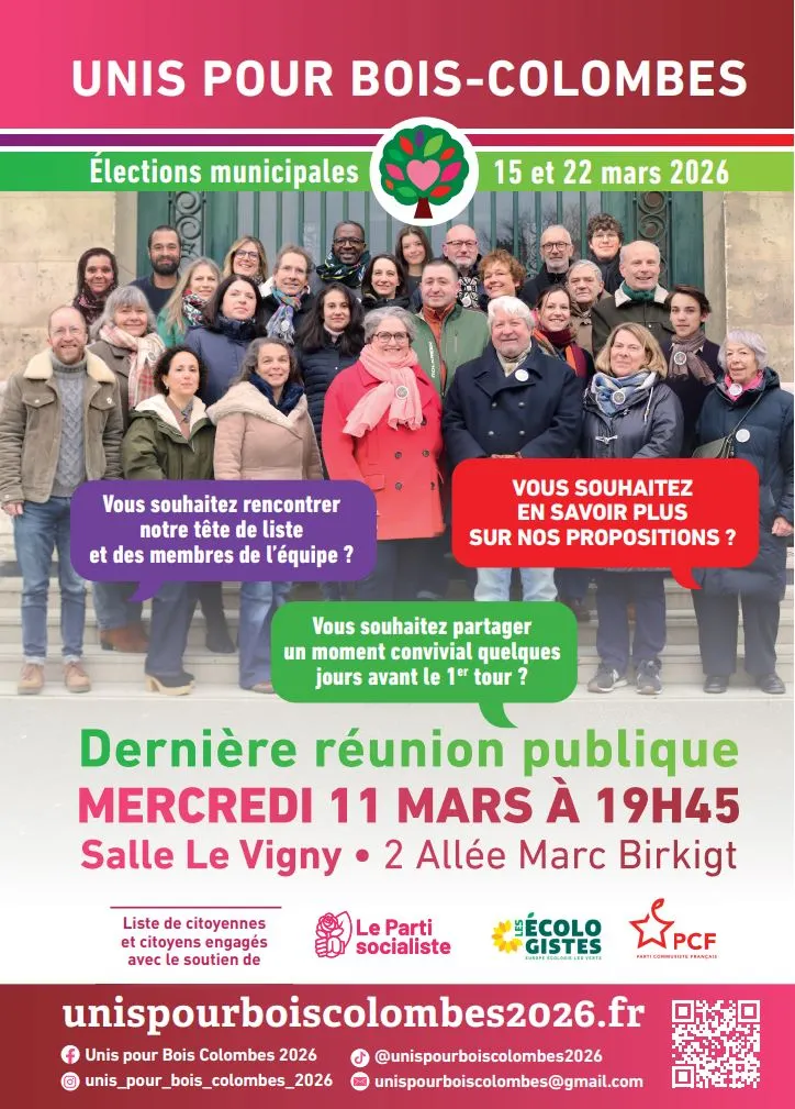 Affiche d’information UNIS pour Bois‑Colombes — Dernière réunion publique